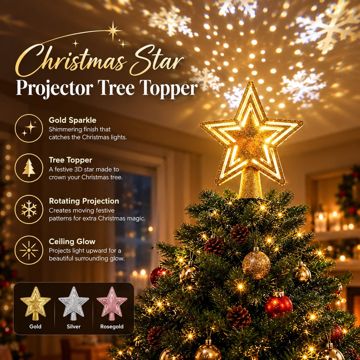 Christmas Star Projector Tree Topper – 3D Illuminated Star with Rotating Snowflake Light