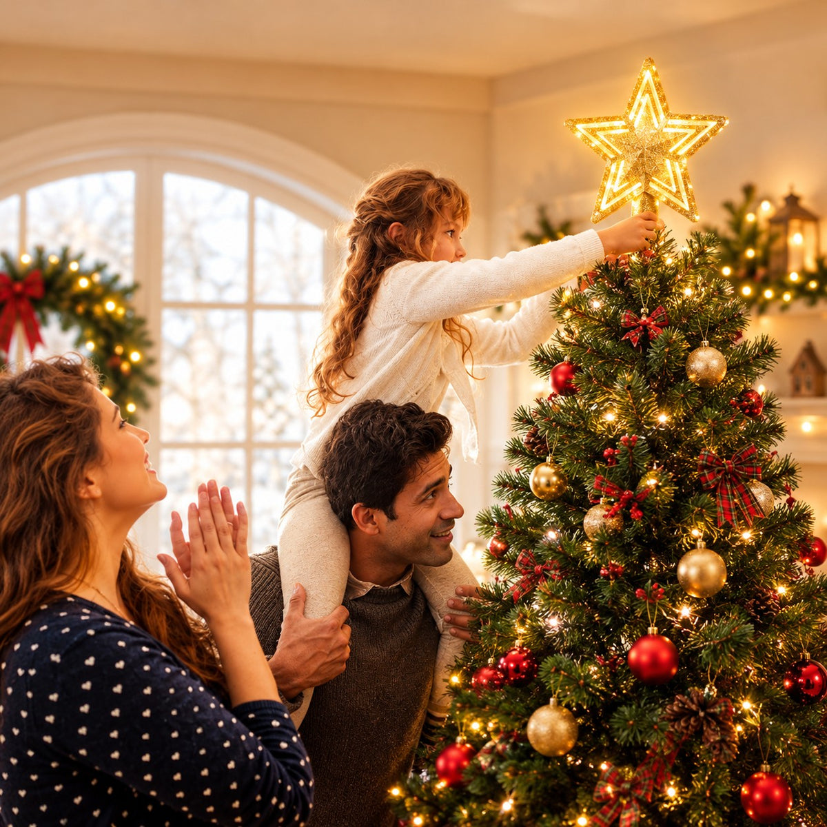 Christmas Star Projector Tree Topper – 3D Illuminated Star with Rotating Snowflake Light